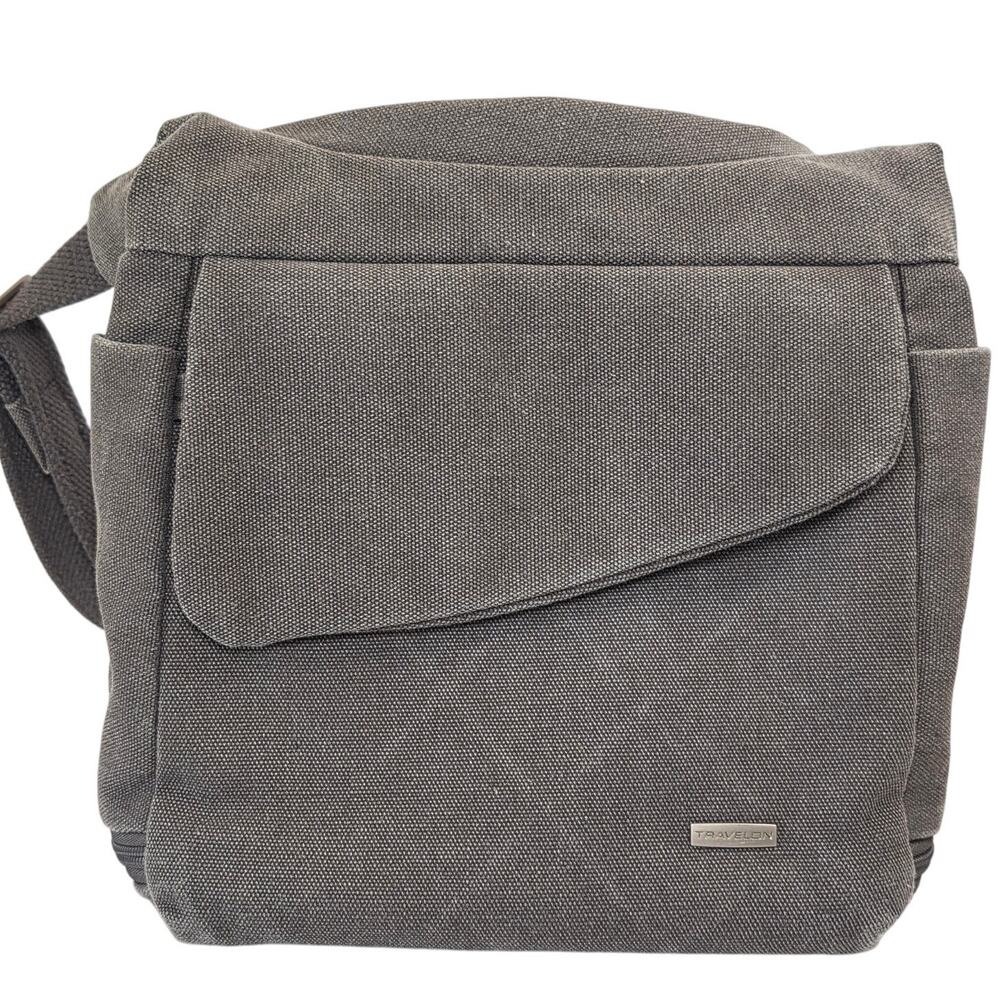 Travelon Gray Canvas Crossbody Security Purse Multi Pocket Durable Travel Bag